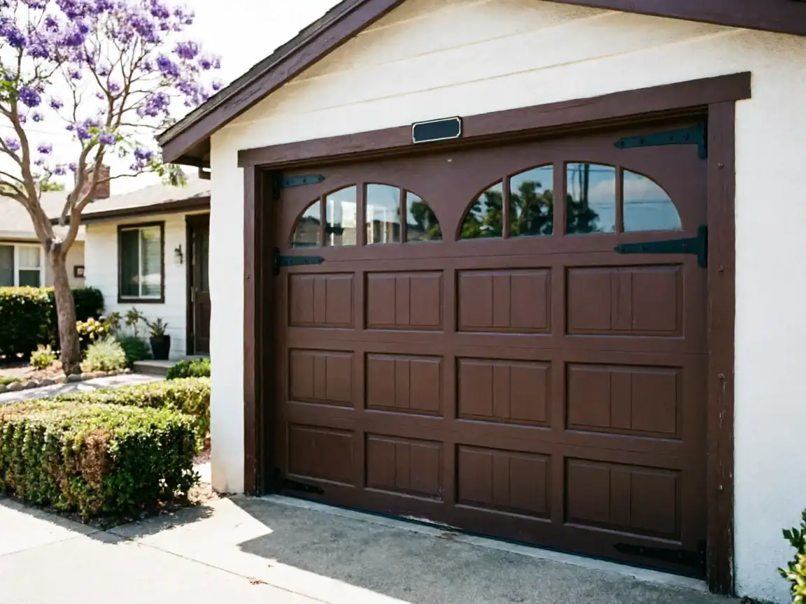 A brown garage door with arched windows and decorative hinges is on a white house.