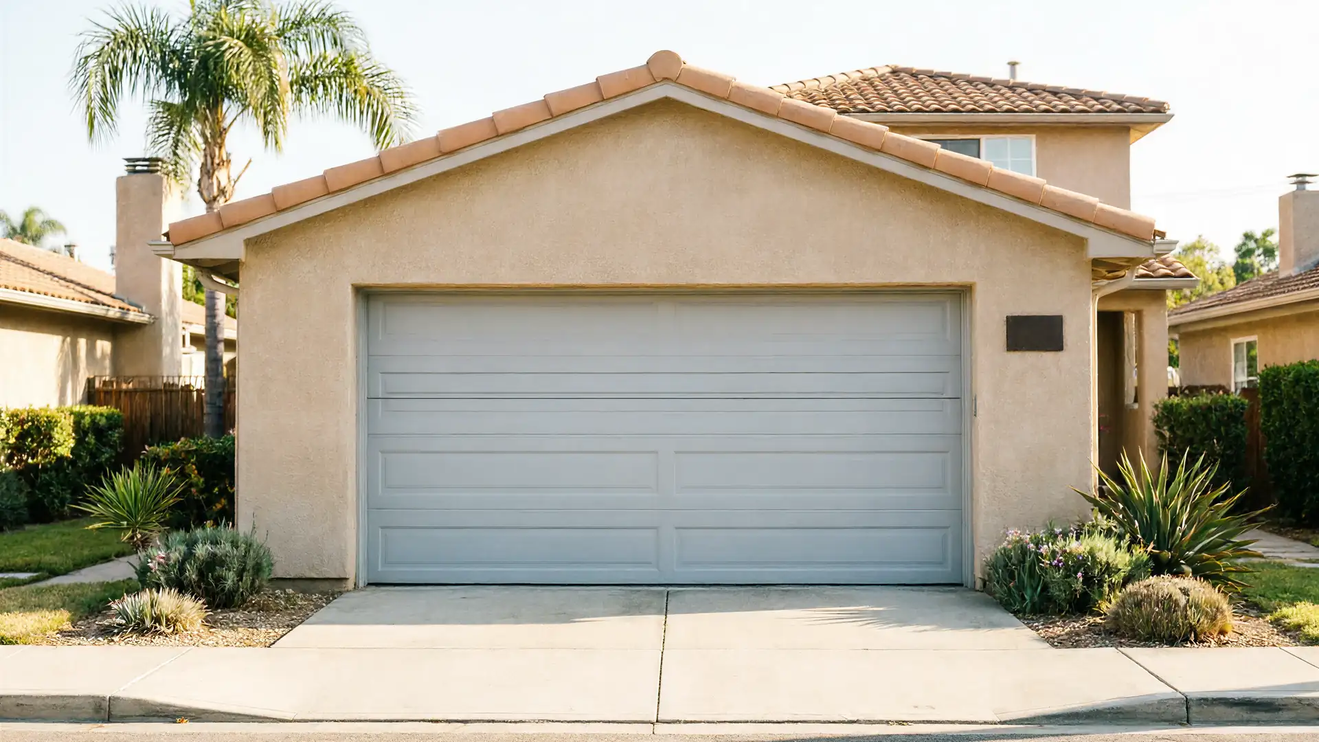 A light gray garage door is on a tan house with a tiled roof.
