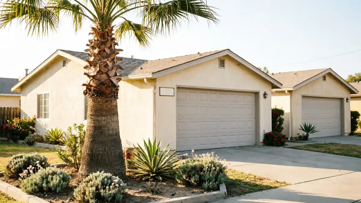 Two houses with beige garage doors and a palm tree in the foreground.
