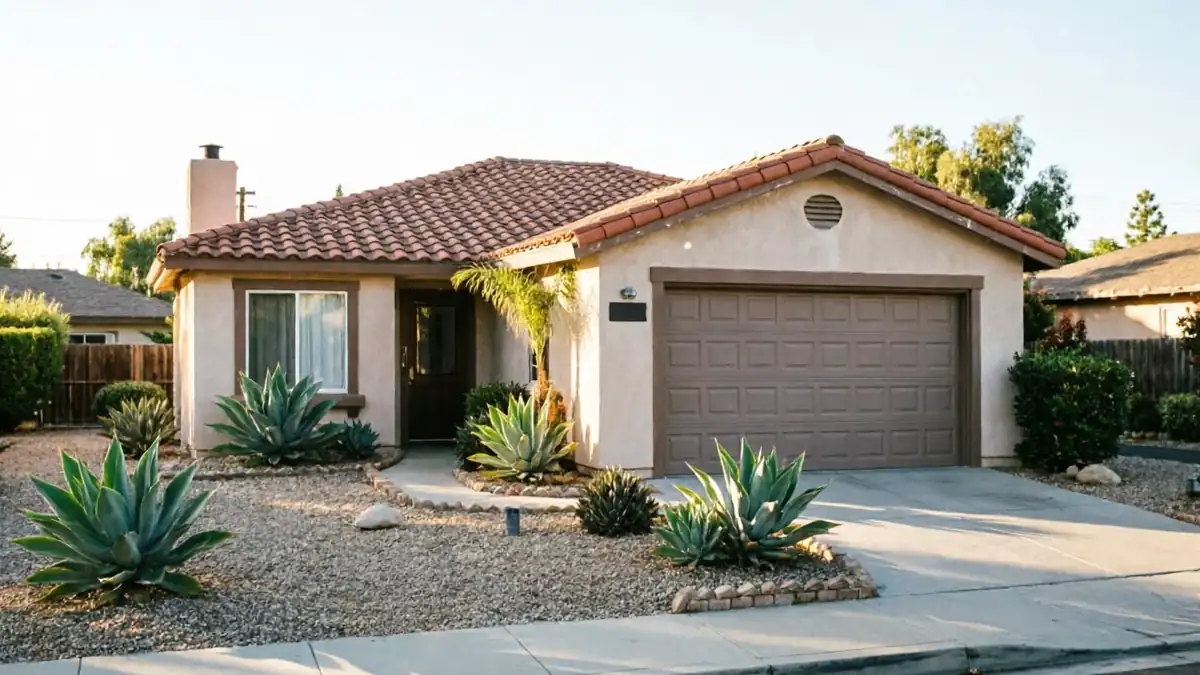 The house has a brown garage door, a tiled roof, and a gravel yard with agave plants.