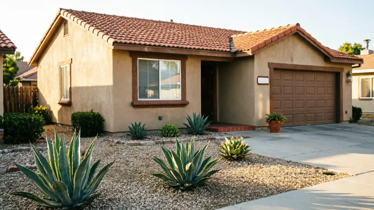 A house with a brown garage door, a tiled roof, and desert landscaping.