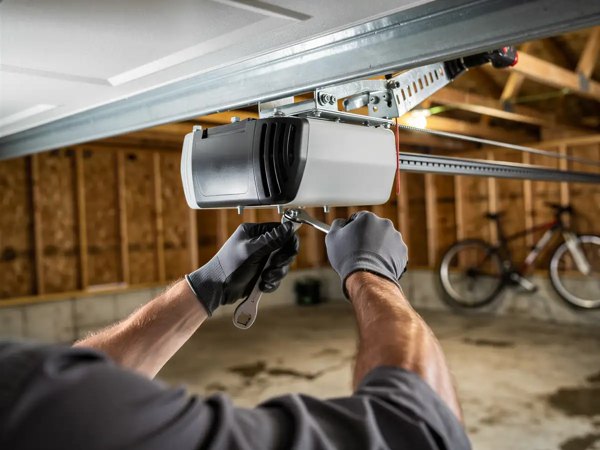 A technician tightens a bolt on a garage door opener with a wrench.