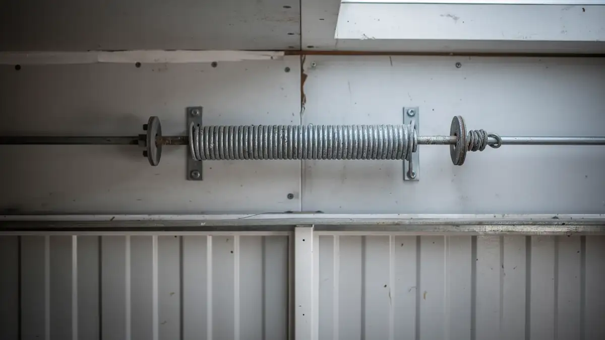 A garage door torsion spring is mounted on a white wall above a white garage door.